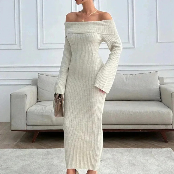 Apricot Elegant Women's Off Shoulder Sweater Maxi Dress - Picture 5 of 7
